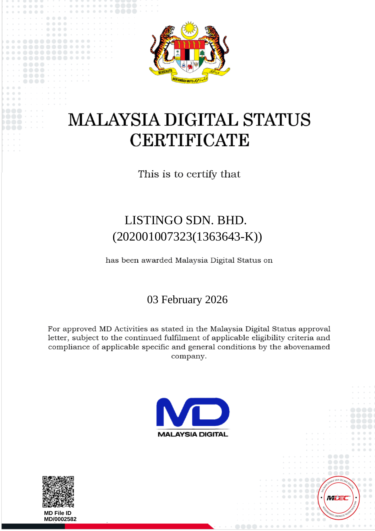 Listingo Sdn. Bhd. Malaysia Digital Status Certificate